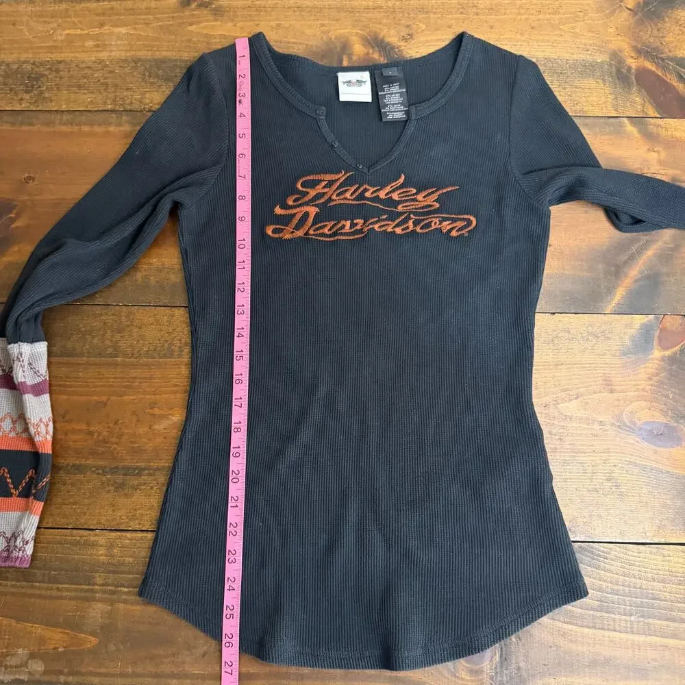 Harley-Davidson Black Thermal Long Sleeve Shirt Y2K Retro Women's Small V neck - Picture 10 of 11